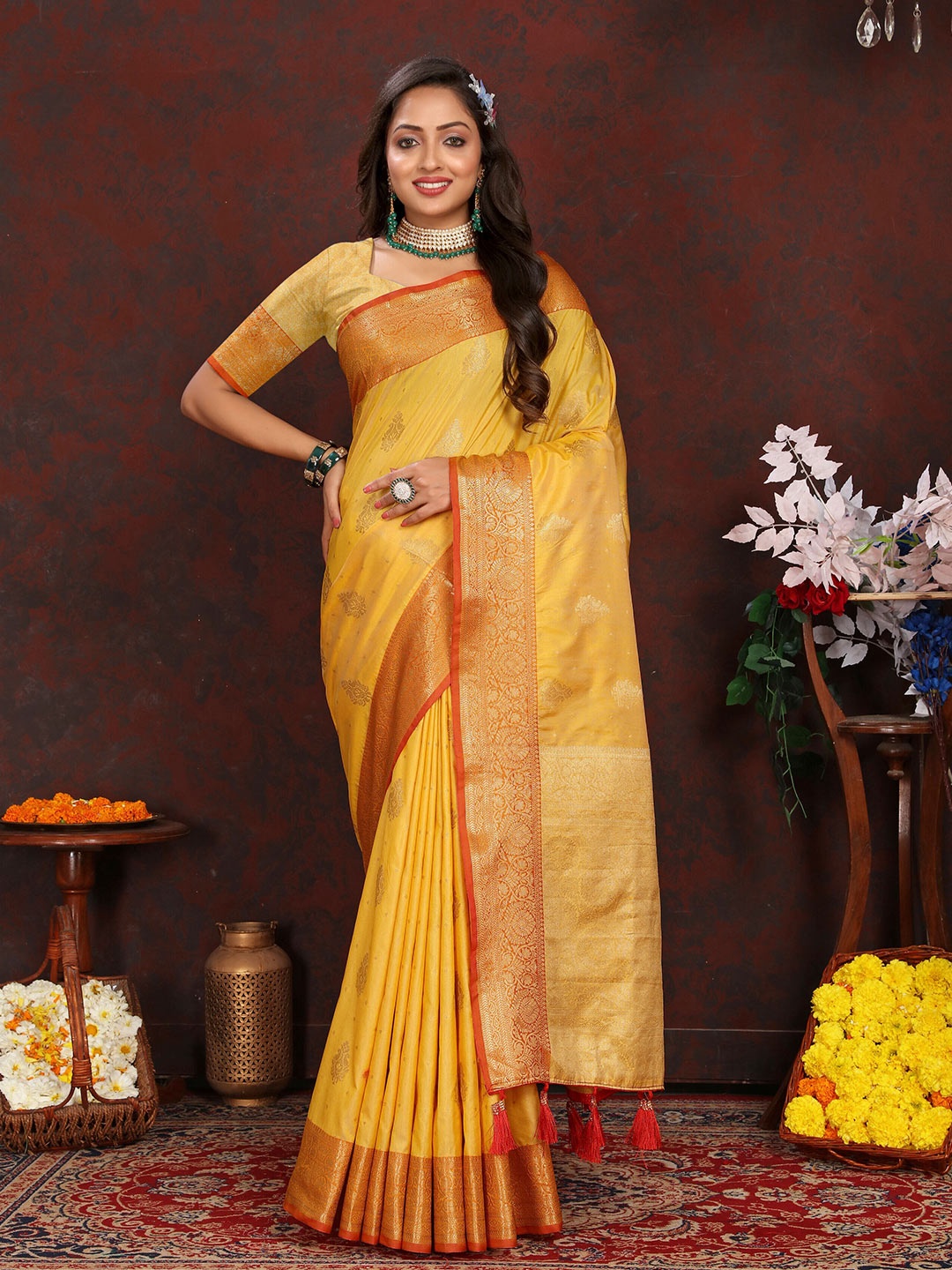 

ZIBLON Ethnic Motifs Woven Design Zari Pure Silk Kanjeevaram Saree With Tassels, Yellow