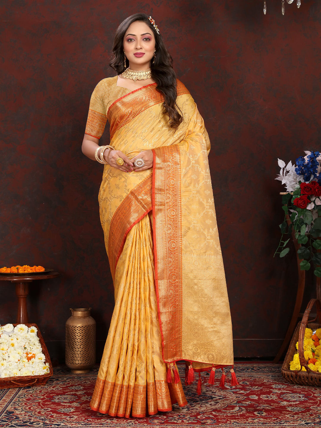 

ZIBLON Ethnic Motifs Woven Design Zari Pure Silk Kanjeevaram Saree With Tassels, Yellow