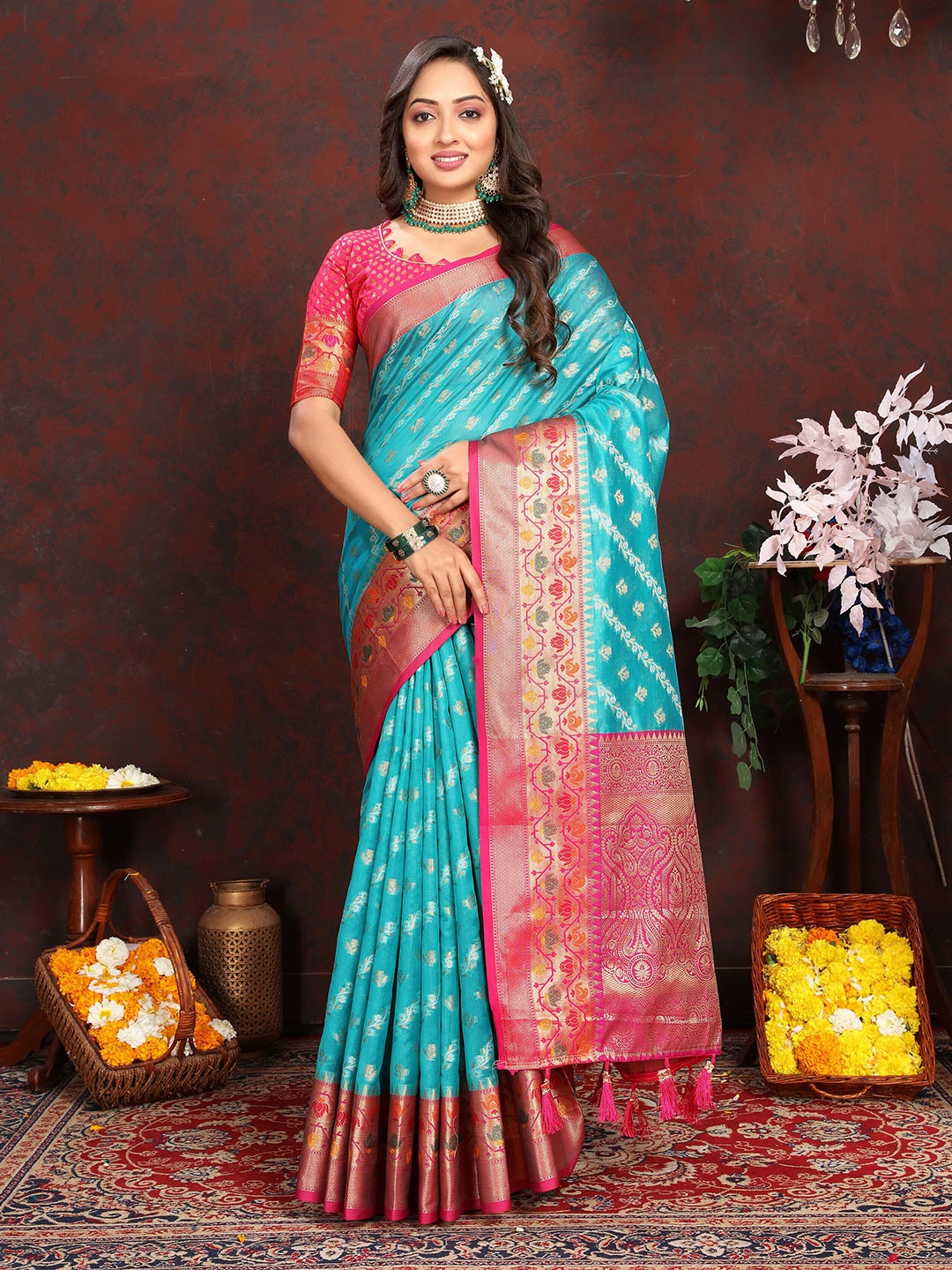 

ZIBLON Ethnic Motifs Woven Design Zari Pure Silk Kanjeevaram Saree With Tassels, Blue