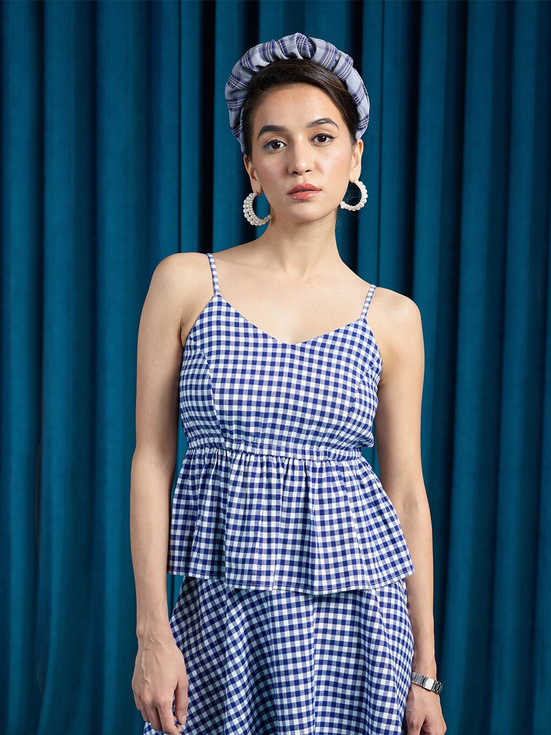 

Virgio Checked Cotton Peplum Top, Blue