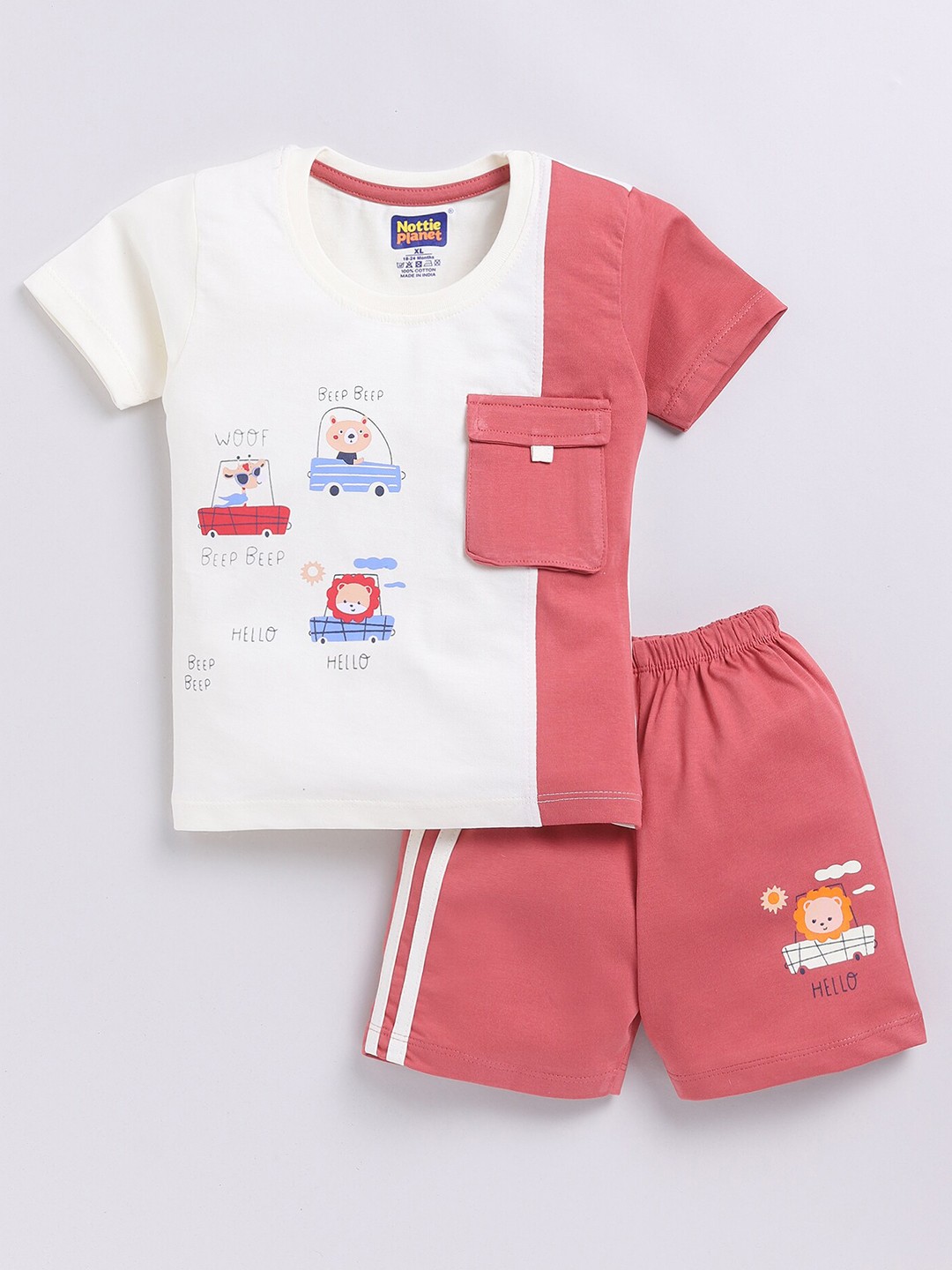 

Nottie Planet Infant Boys Conversational Printed Pure Cotton Tshirt With Shorts, Red