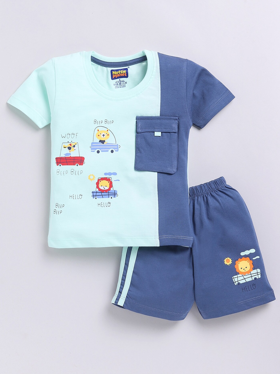 

Nottie Planet Infant Boys Conversational Printed Pure Cotton Tshirt With Shorts, Blue