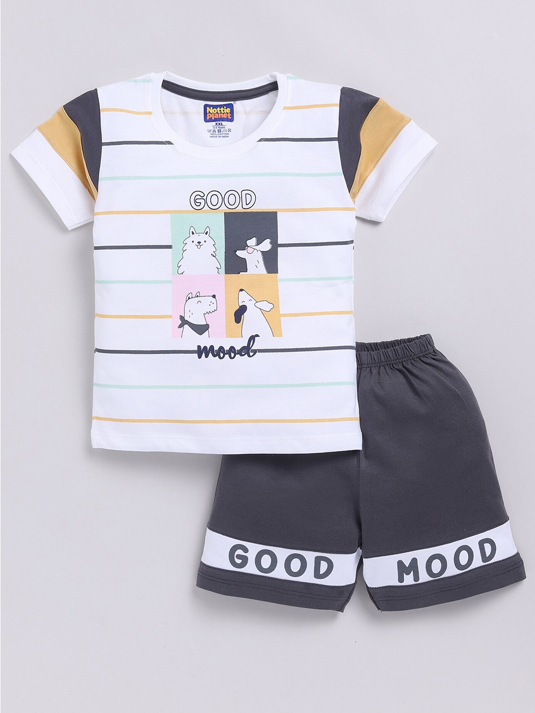 

Nottie Planet Infant Boys Conversational Printed Pure Cotton Tshirt With Shorts, White