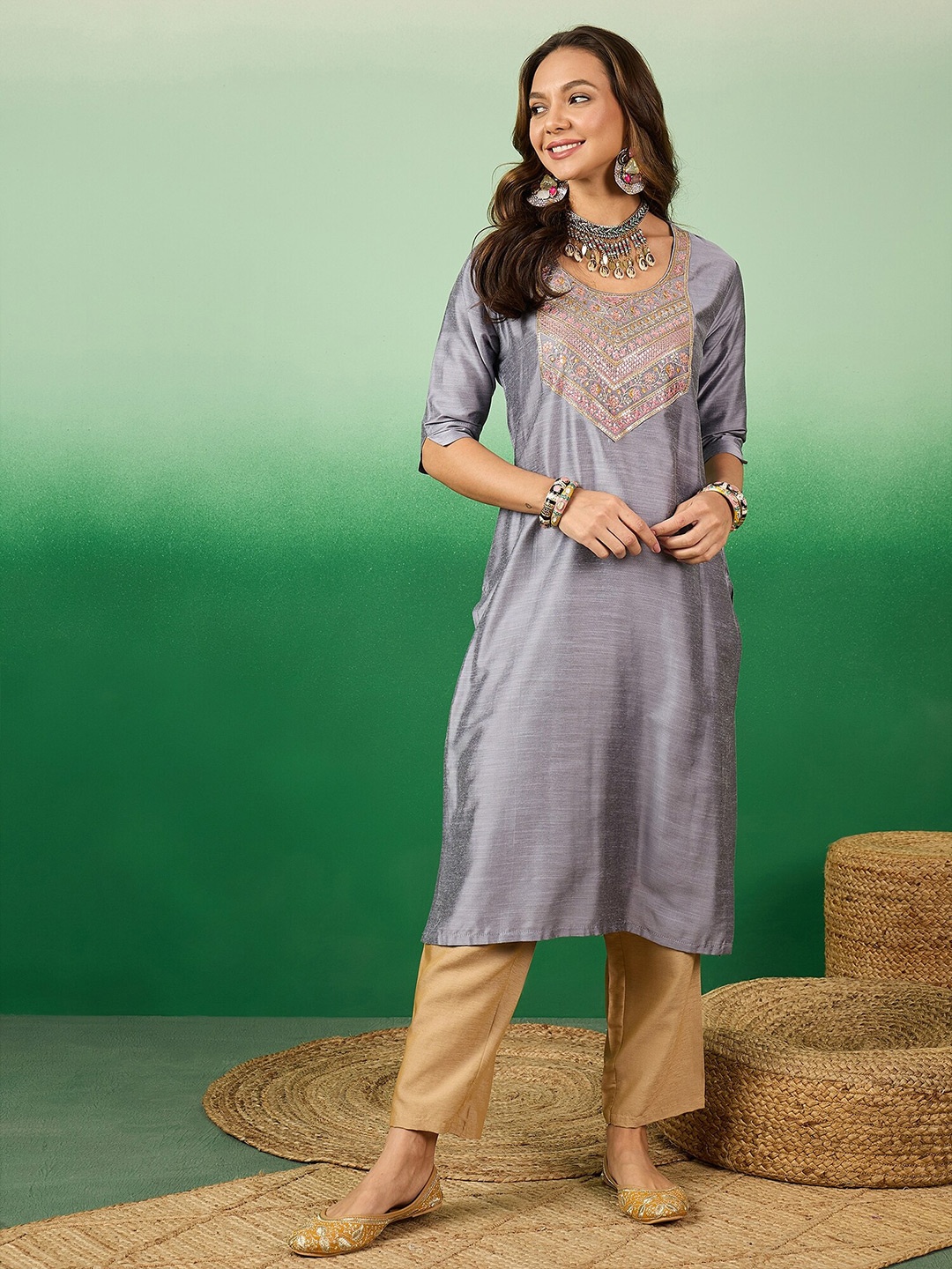 

Sangria Ethnic Motifs Yoke Design Sequined Thread Work Satin Kurta, Grey