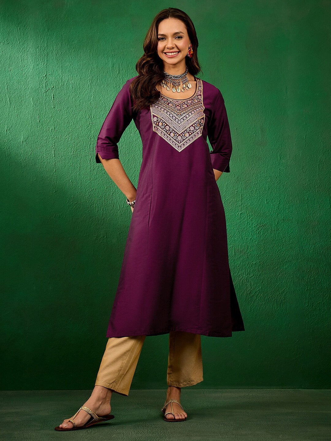 

Sangria Ethnic Motifs Yoke Design Sequined Thread Work Satin Kurta, Purple