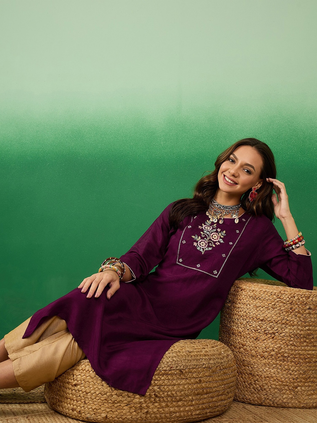 

Sangria Ethnic Motifs Yoke Design Thread Work Cotton Kurta, Purple