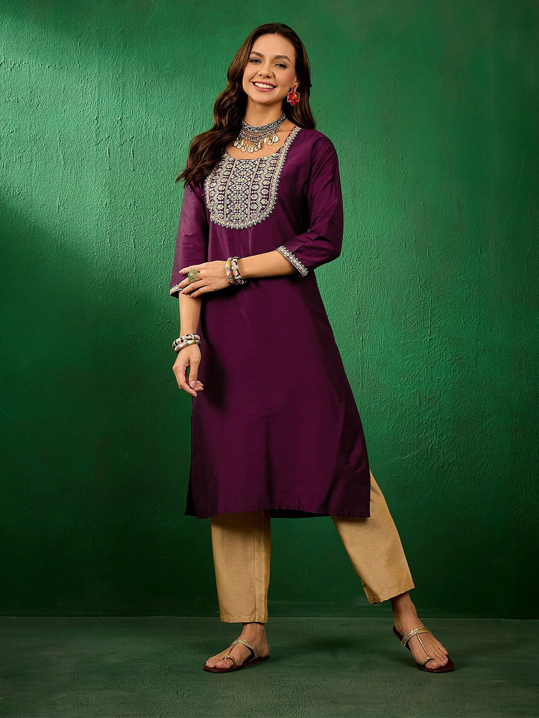 

Sangria Embroidered Yoke Design Straight Kurta, Purple