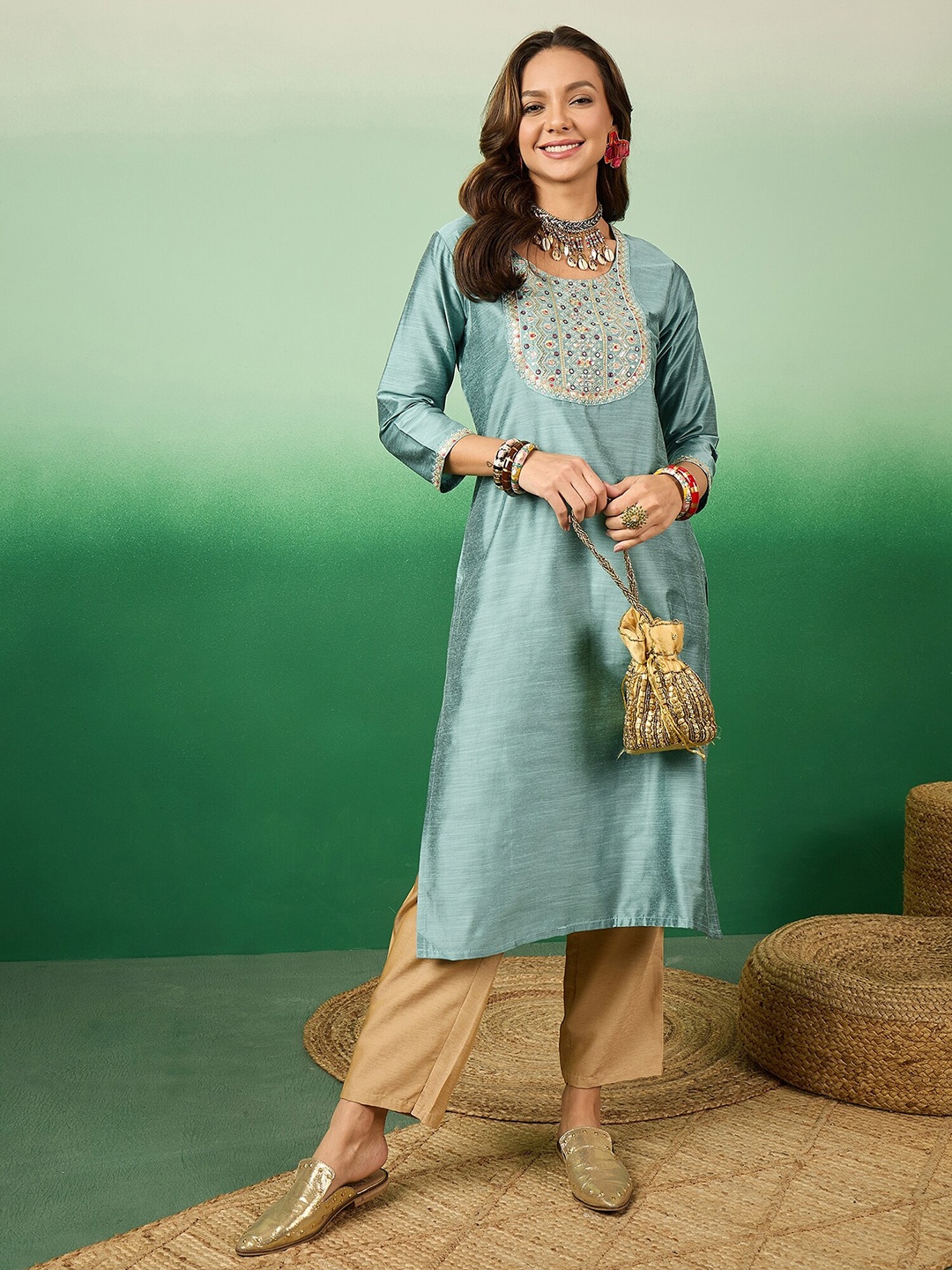 

Sangria Ethnic Motifs Yoke Design Sequined Thread Work Satin Kurta, Blue