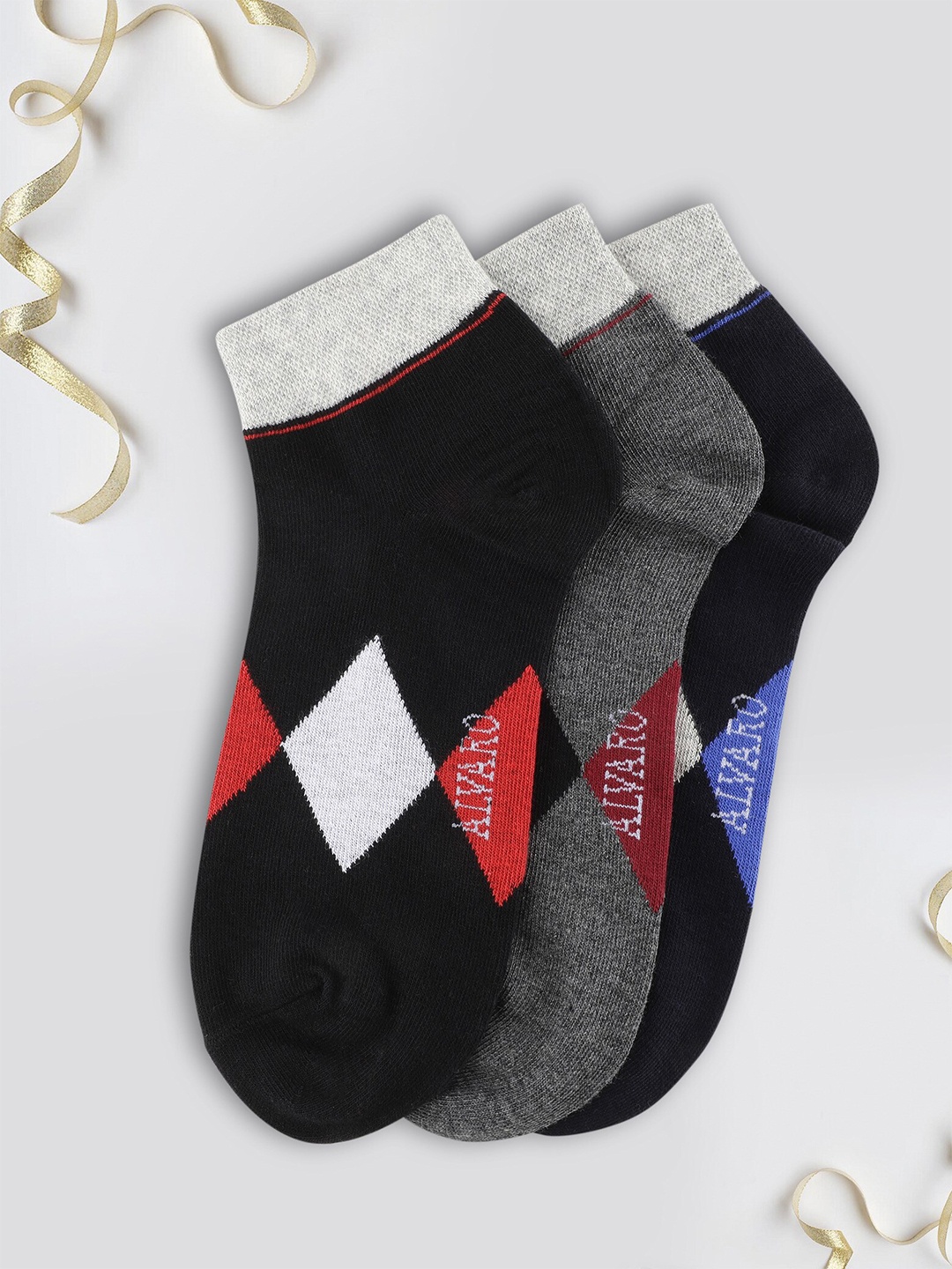 

Alvaro Castagnino Men Pack Of 3 Patterned Cotton Lycra Ankle-Length Socks, Black