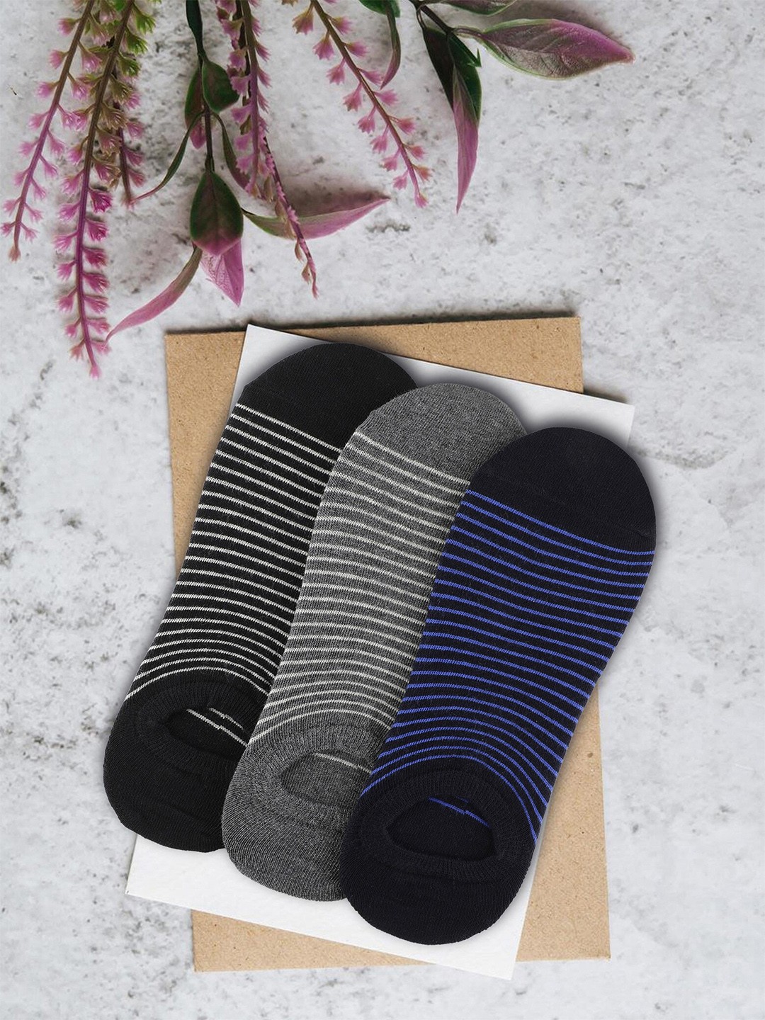 

Alvaro Castagnino Men Pack Of 3 Striped Cotton Lycra Shoe Liners Socks, Black
