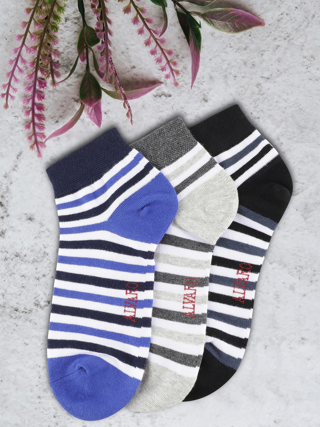 Alvaro Castagnino Men Pack Of 3 Striped Ankle Length Socks, Black