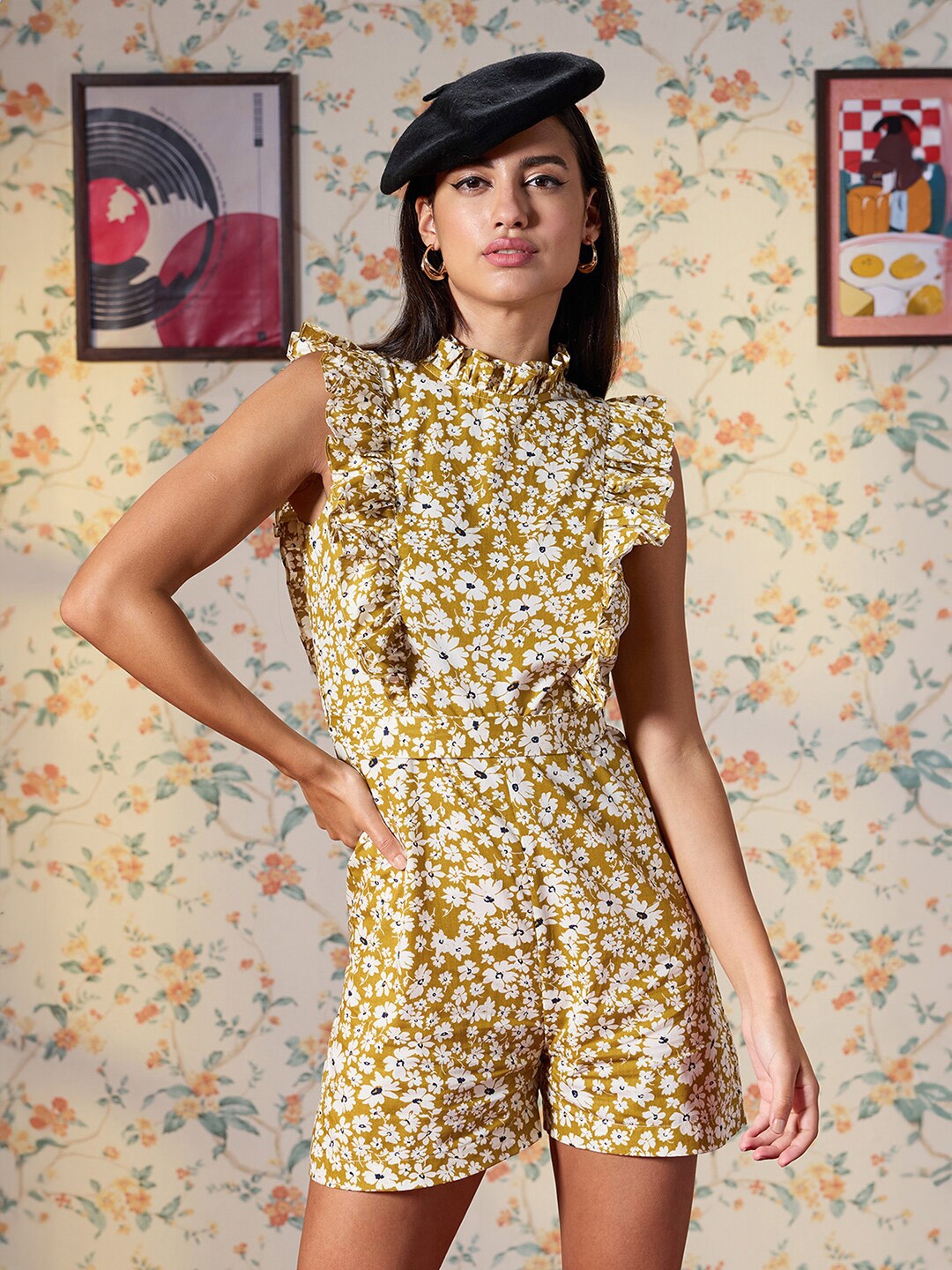 

Virgio Fl,oral Printed Pure Cotton Jumpsuit, Mustard