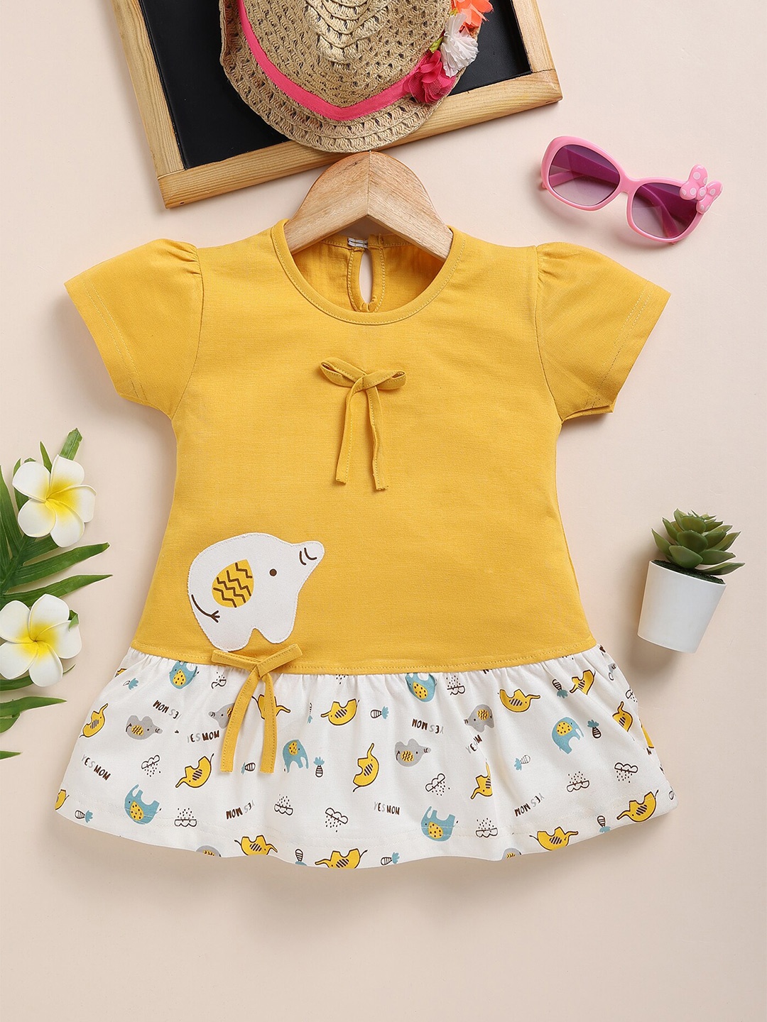 

Toonyport Girls Printed Round Neck Cap Sleeves Cotton A-Line Dress, Yellow