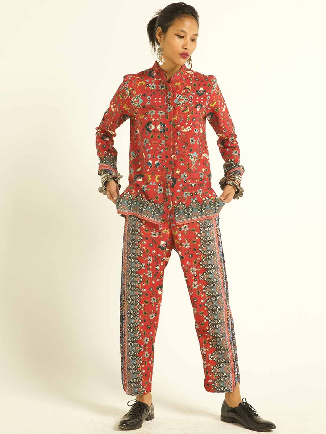 

Dash and Dot Printed Mandarin Collar Shirt With Trousers Co-Ords, Orange