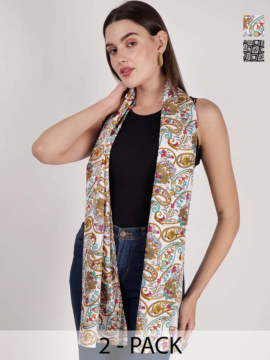 

Anouk Women White & Black Pack Of 2 Printed Scarves