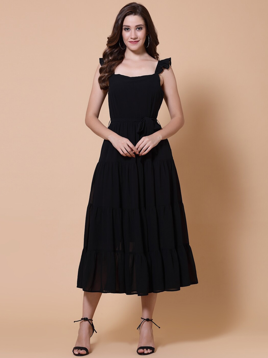 

HOUSE OF KKARMA Shoulder Straps Flared Fit & Flare Midi Dress, Black