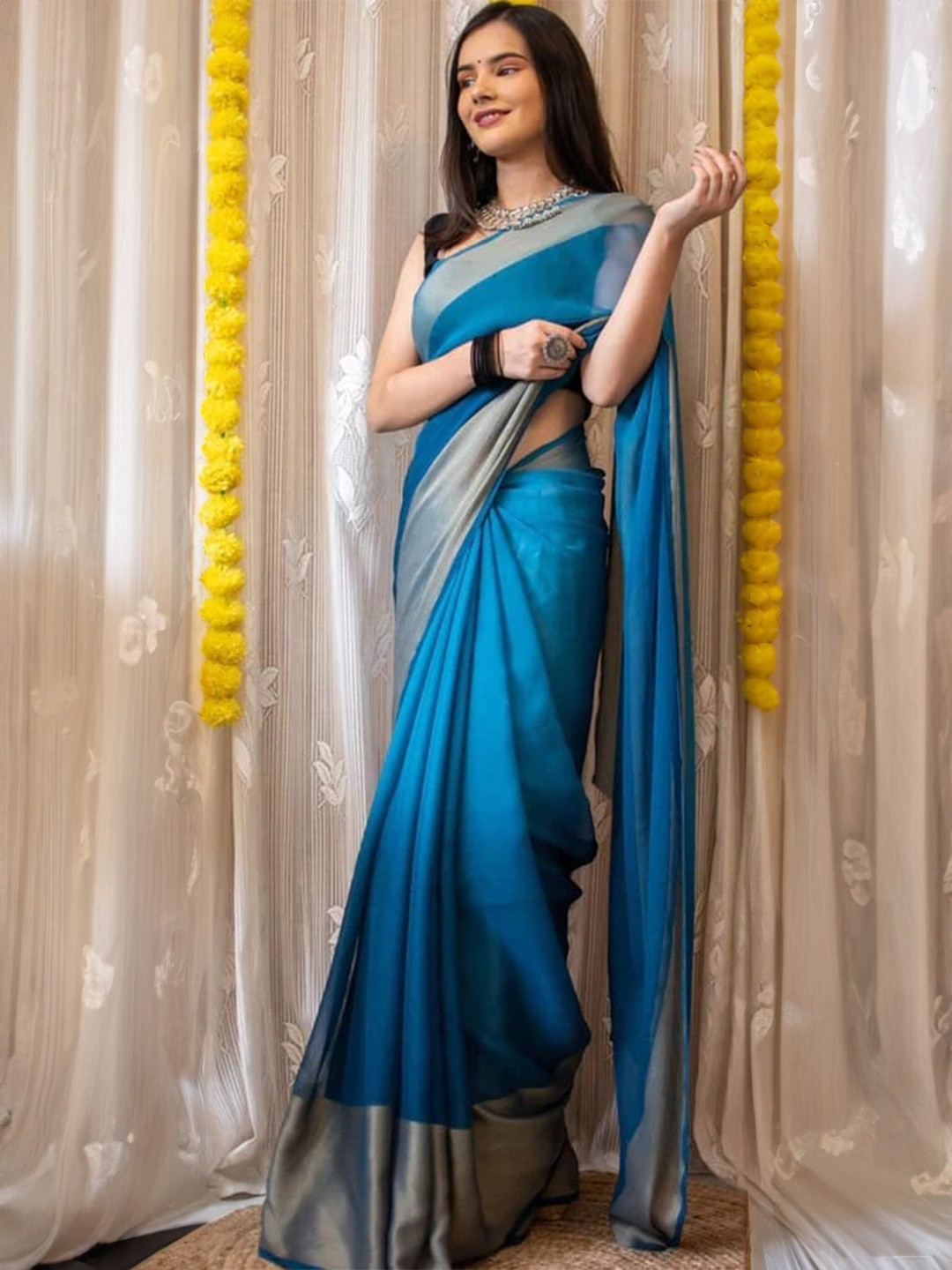 

Naishu Trendz Zari Ready To Wear Saree, Blue