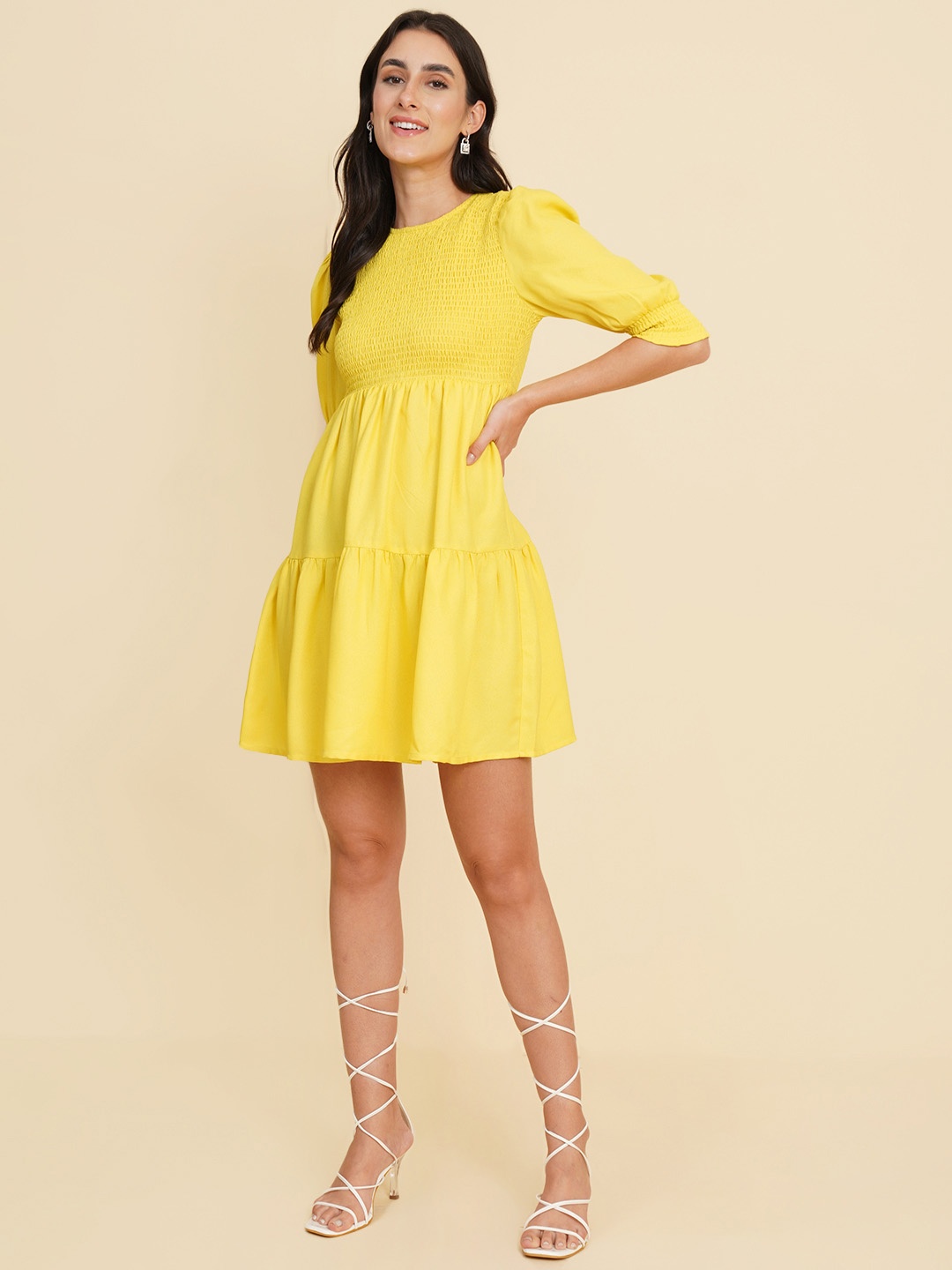 

HOUSE OF KKARMA Puff Sleeves Smocked Fit & Flare Dress, Yellow