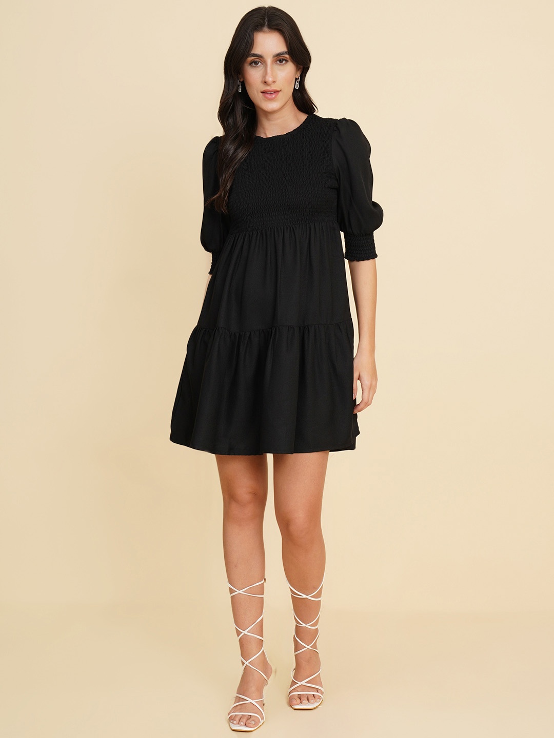 

HOUSE OF KKARMA Puff Sleeve Smocked Empire Dress, Black