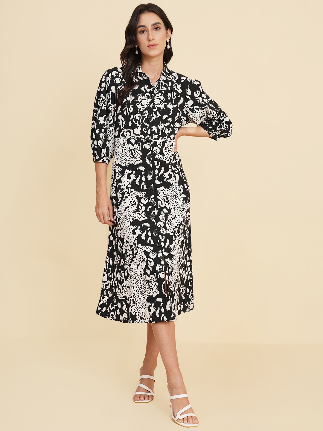 

HOUSE OF KKARMA Animal Printed Shirt Midi Dress, Off white