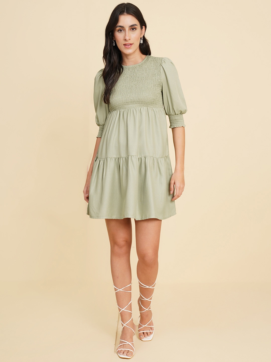 

HOUSE OF KKARMA Puff Sleeve Smocked A-Line Dress, Olive