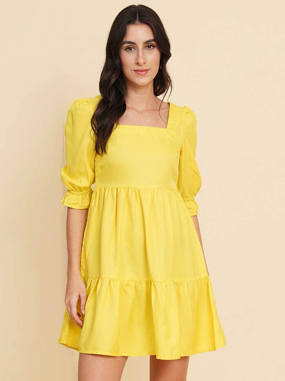 

HOUSE OF KKARMA Square Neck Flared Fit & Flare Dress, Yellow