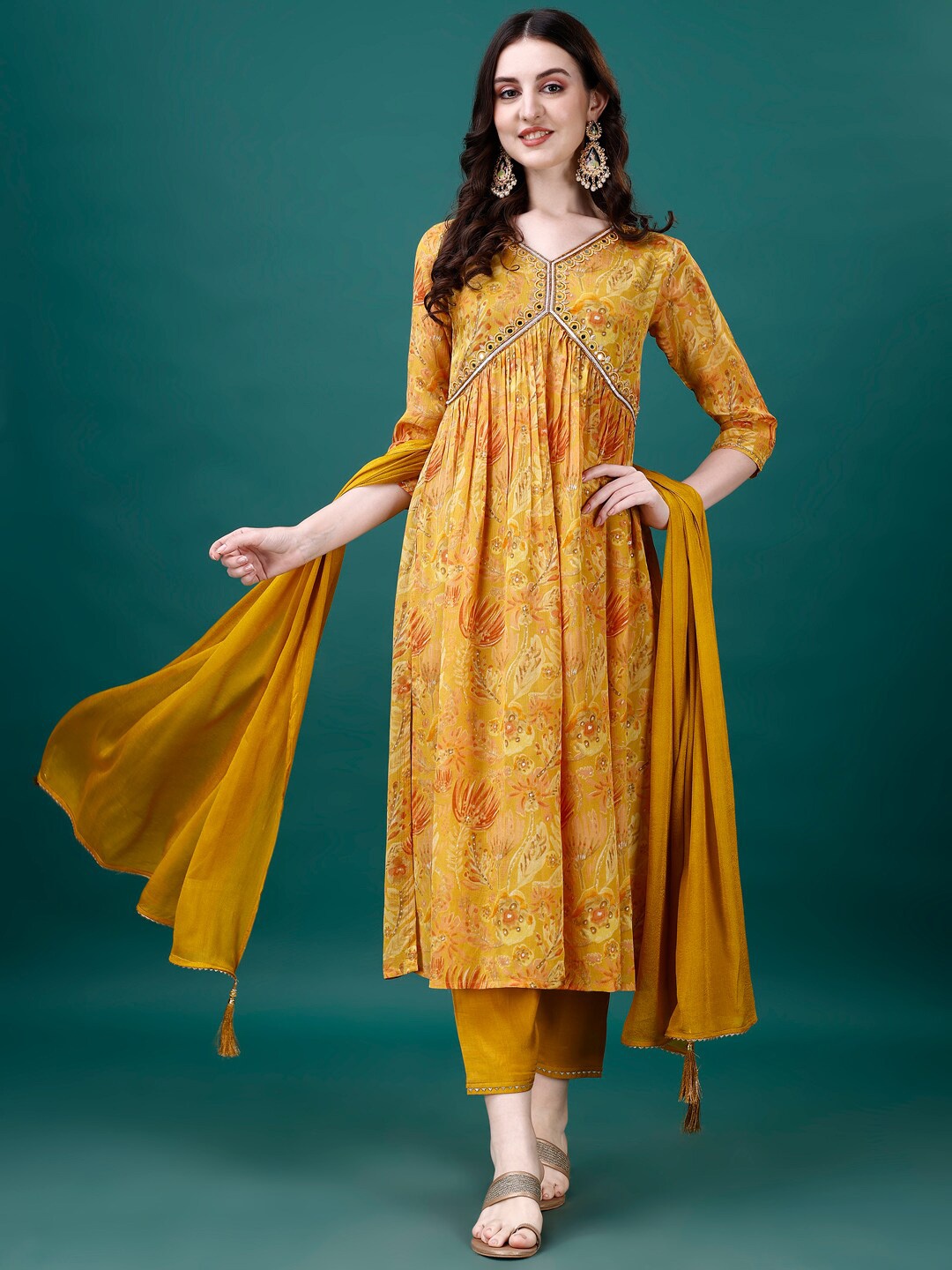 

Berrylicious Floral Printed Embroidered Pleated Pure Silk Kurta With Trousers & Dupatta, Mustard
