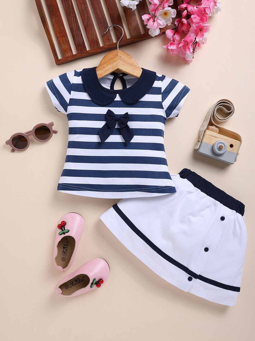 

Toonyport Girls Striped Pure Cotton Top with Skirt, Navy blue