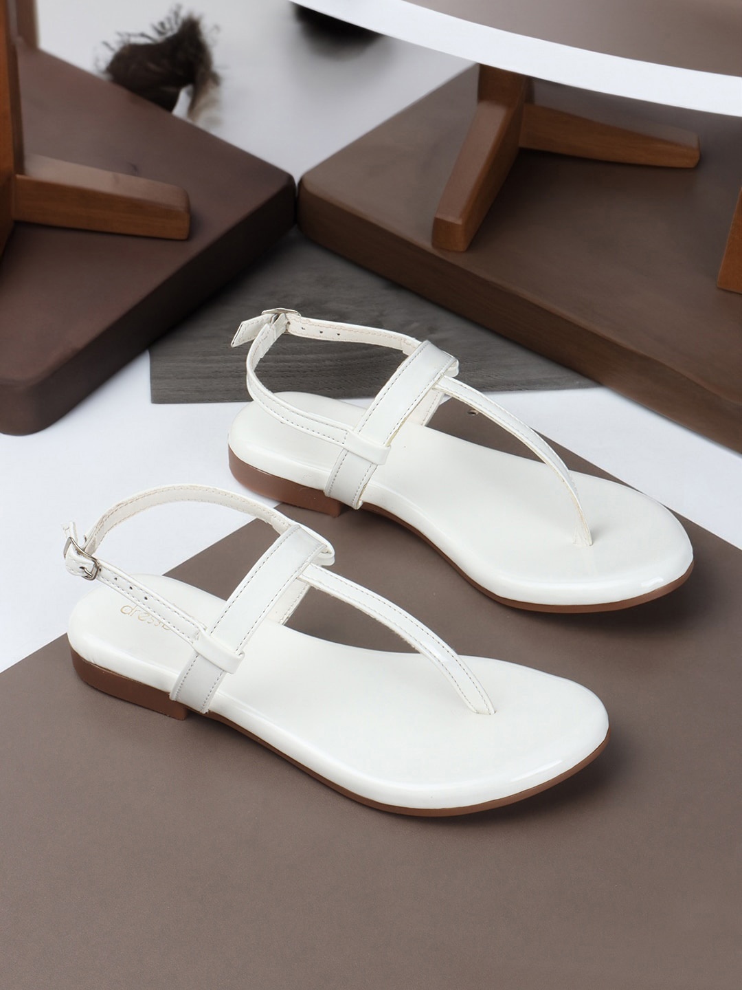 

DressBerry White Open Toe T-Strap Flats