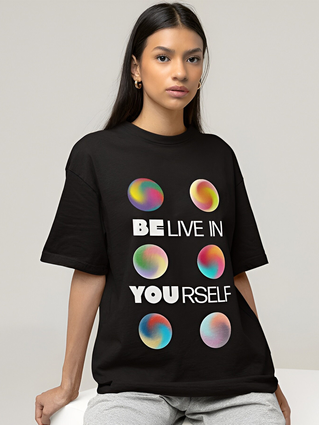 

Beetein Lamhein Typography Printed Drop-Shoulder Sleeves Oversized Pure Cotton T-shirt, Black