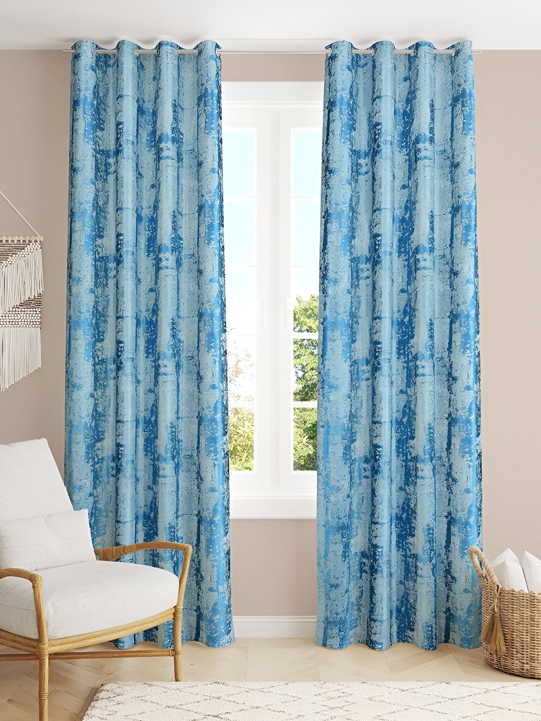 

HOMECRUST Turquoise Blue 2 Pieces Geometric Eyelet Room Darkening Door Curtain