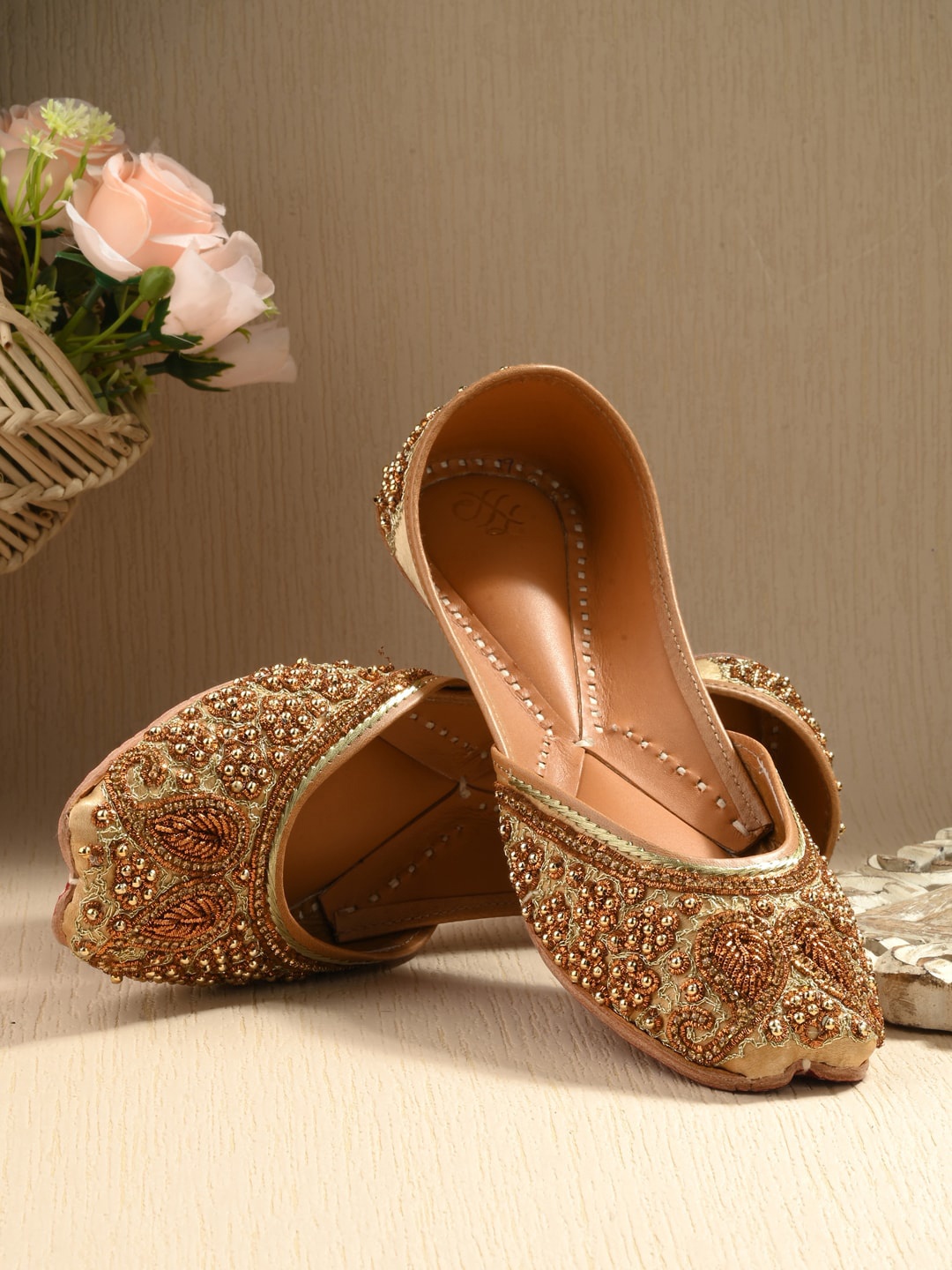 

House of Pataudi Women Embellished Square Toe Mojaris, Beige