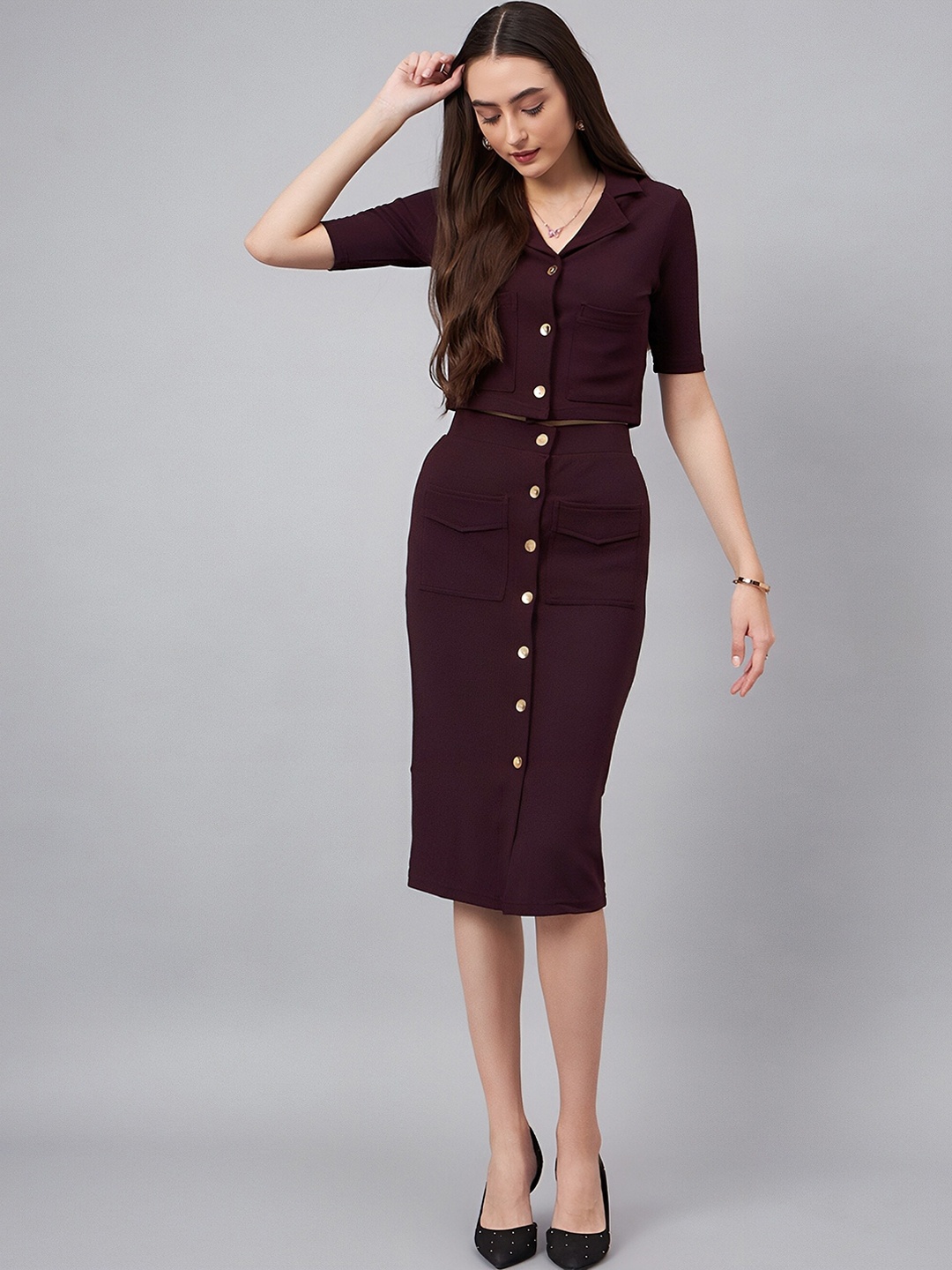 

SIDYAL Crop Blazer With Button Detail Skirt Co-Ords Set, Maroon