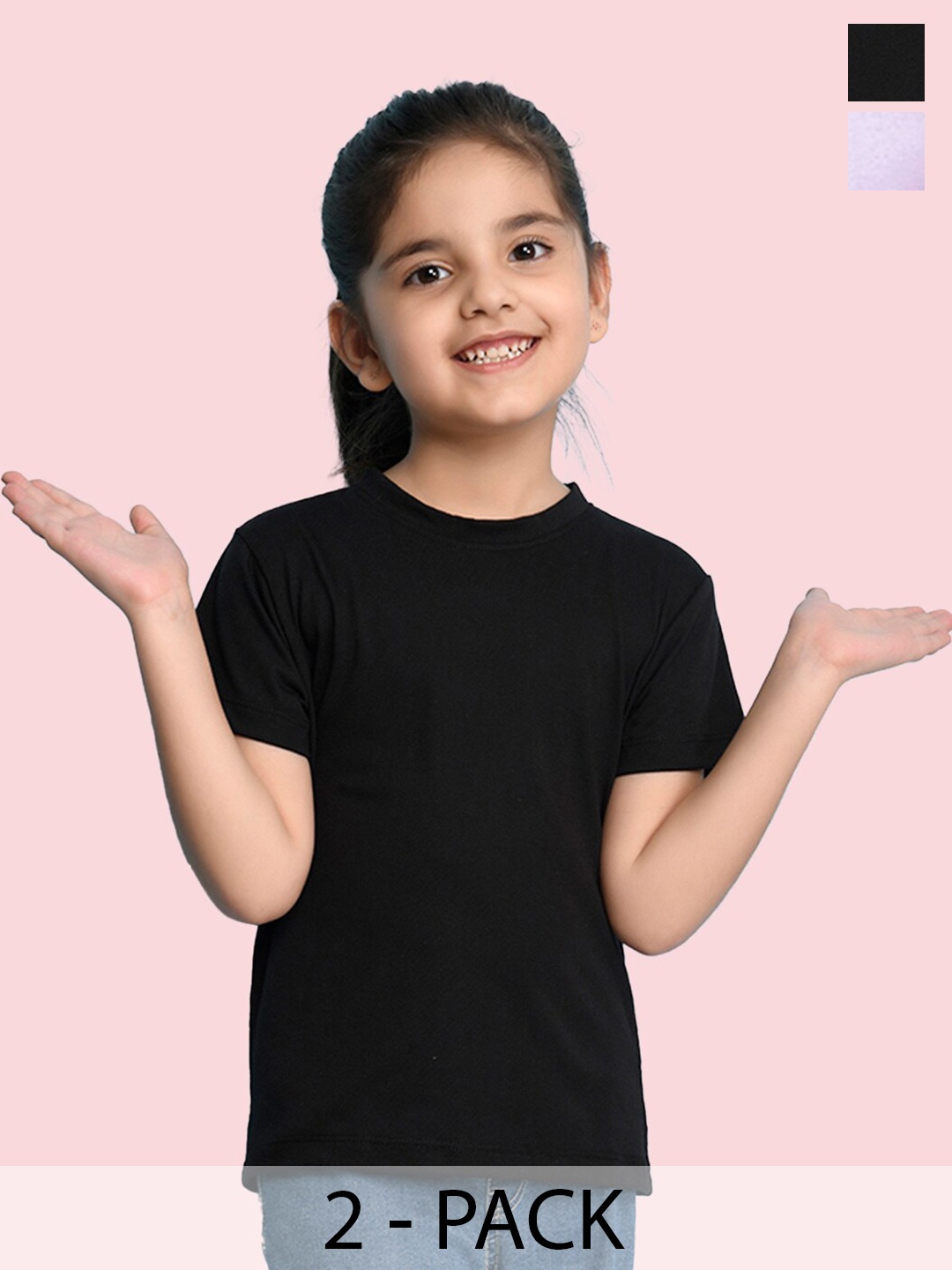 

NUSYL Girls Pack Of 2 Round Neck Cotton T-shirt, Black