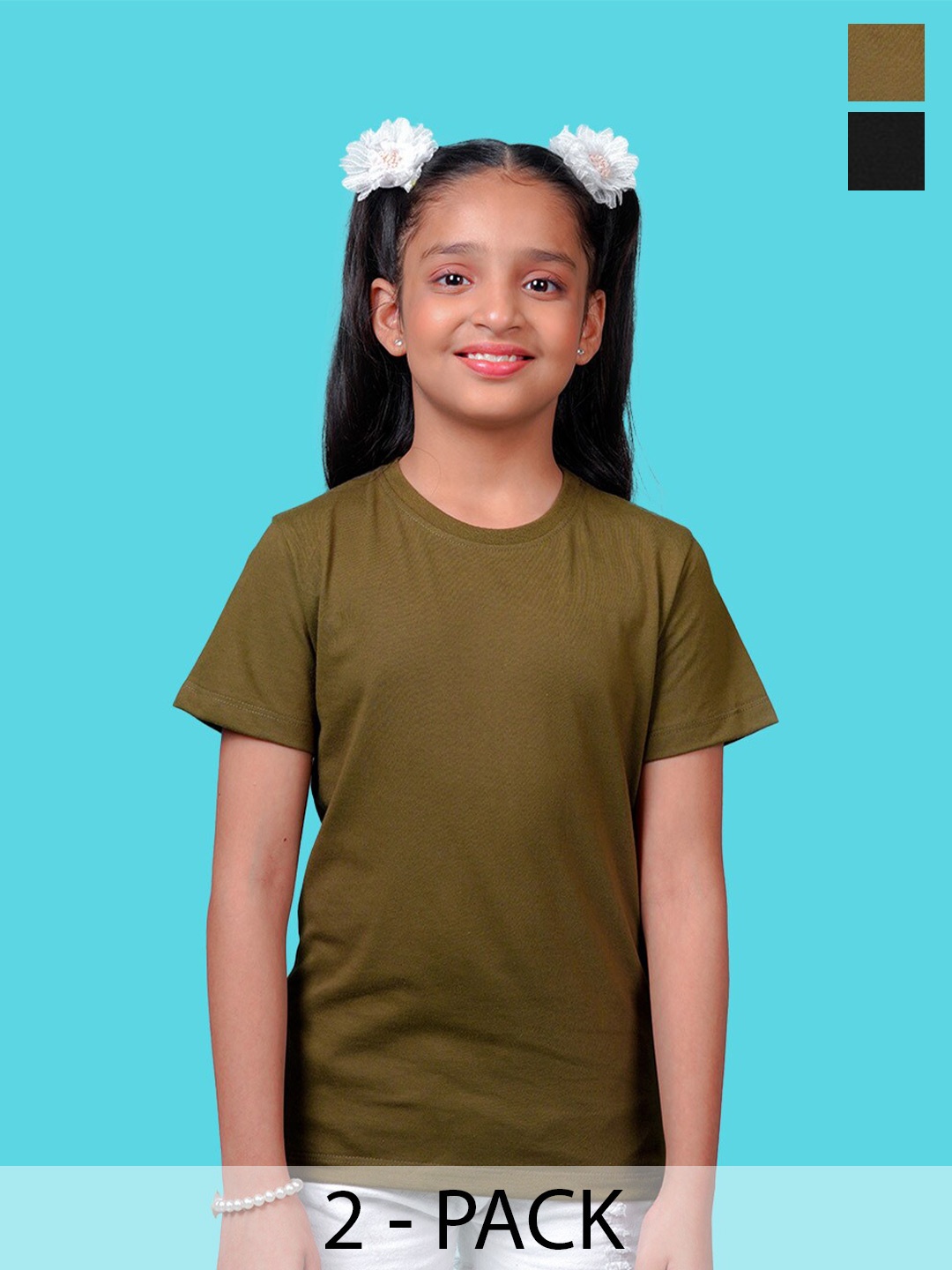 

NUSYL Girls Pack Of 2 Round Neck Cotton T-shirt, Olive