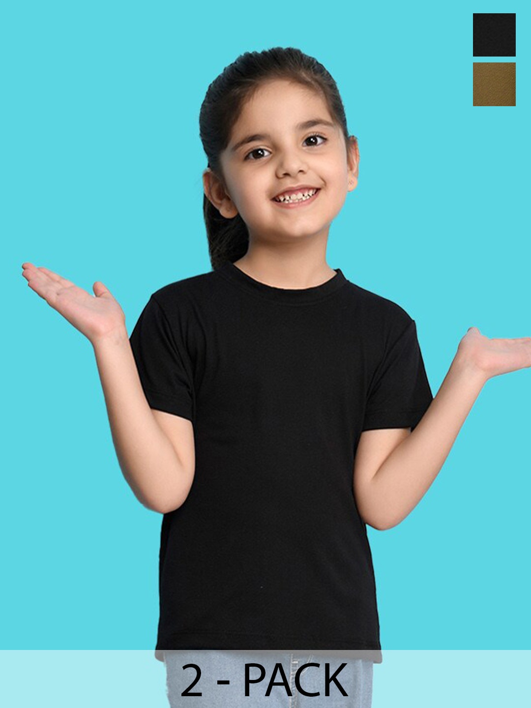 

NUSYL Girls Pack Of 2 Round Neck Cotton T-shirt, Black