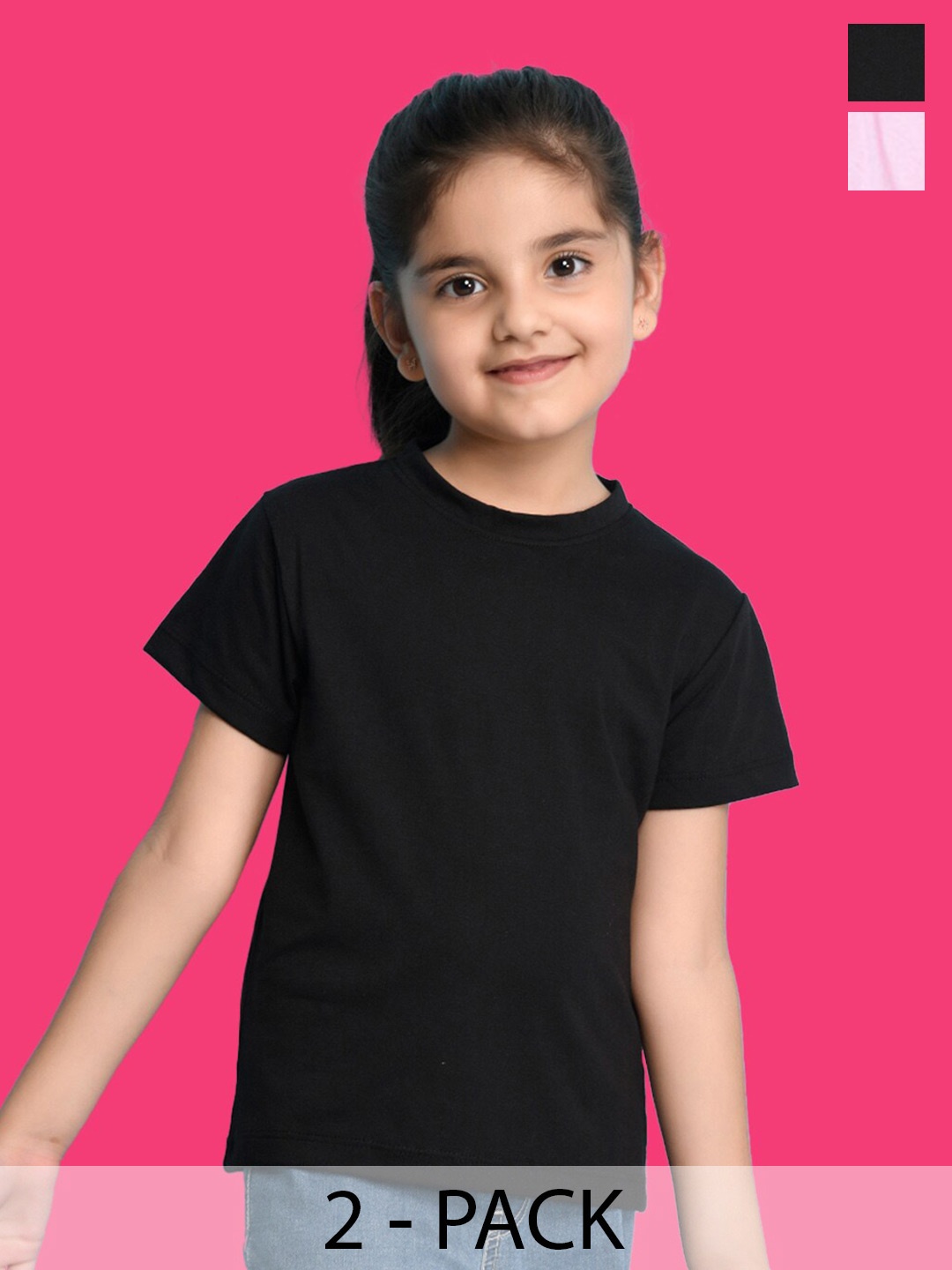 

NUSYL Girls Pack Of 2 Round Neck Cotton T-shirt, Black