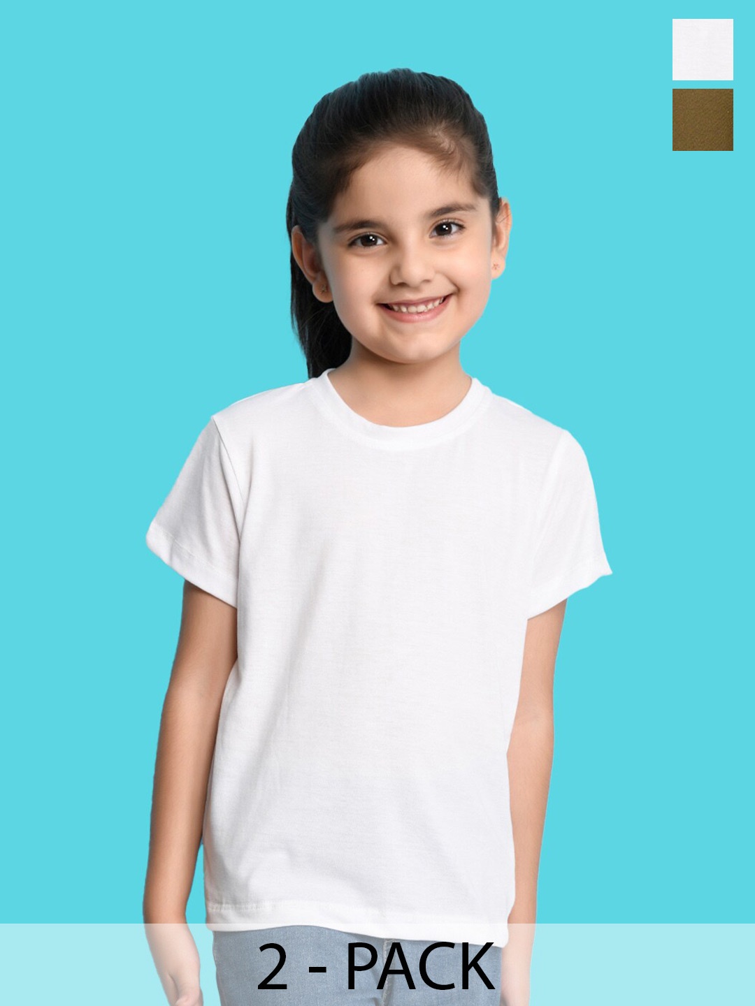 

NUSYL Girls Pack Of 2 Round Neck Cotton T-shirt, White