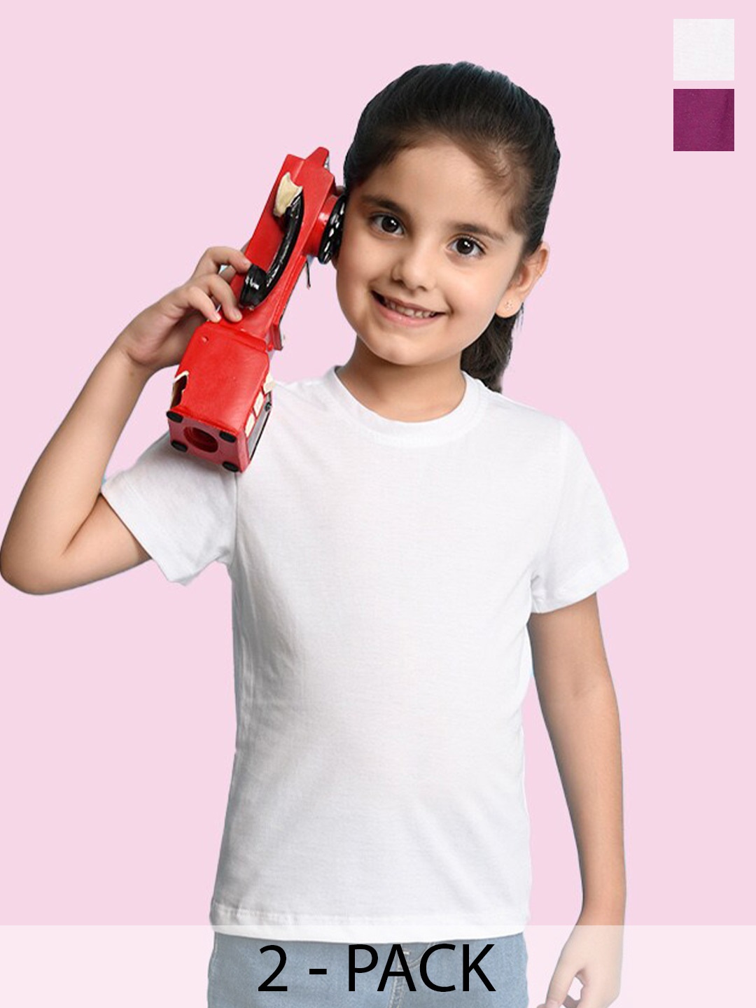 

NUSYL Girls Pack Of 2 Round Neck Cotton T-shirt, White