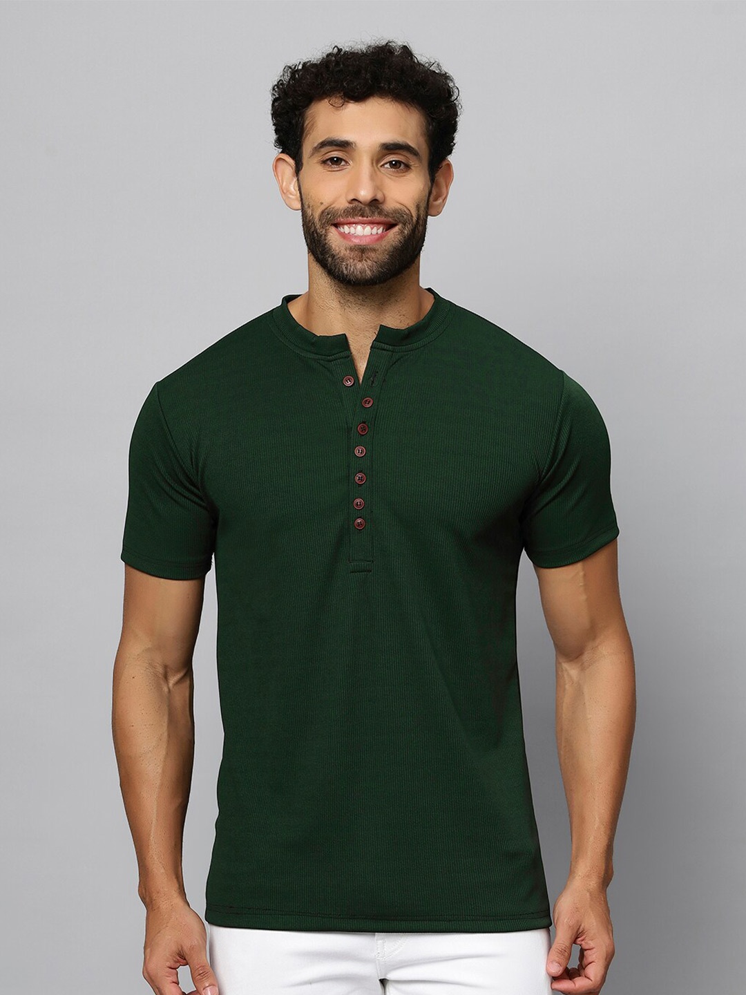 

N AND J Henley Neck Cotton T-shirt, Green