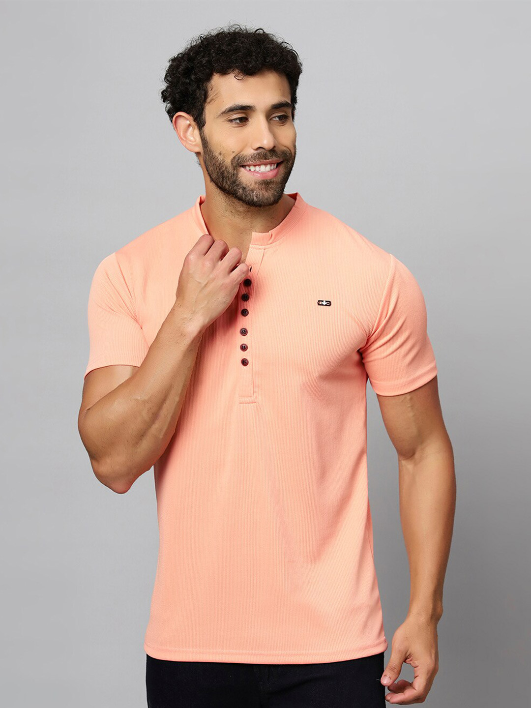 

N AND J Henley Neck Cotton T-shirt, Peach