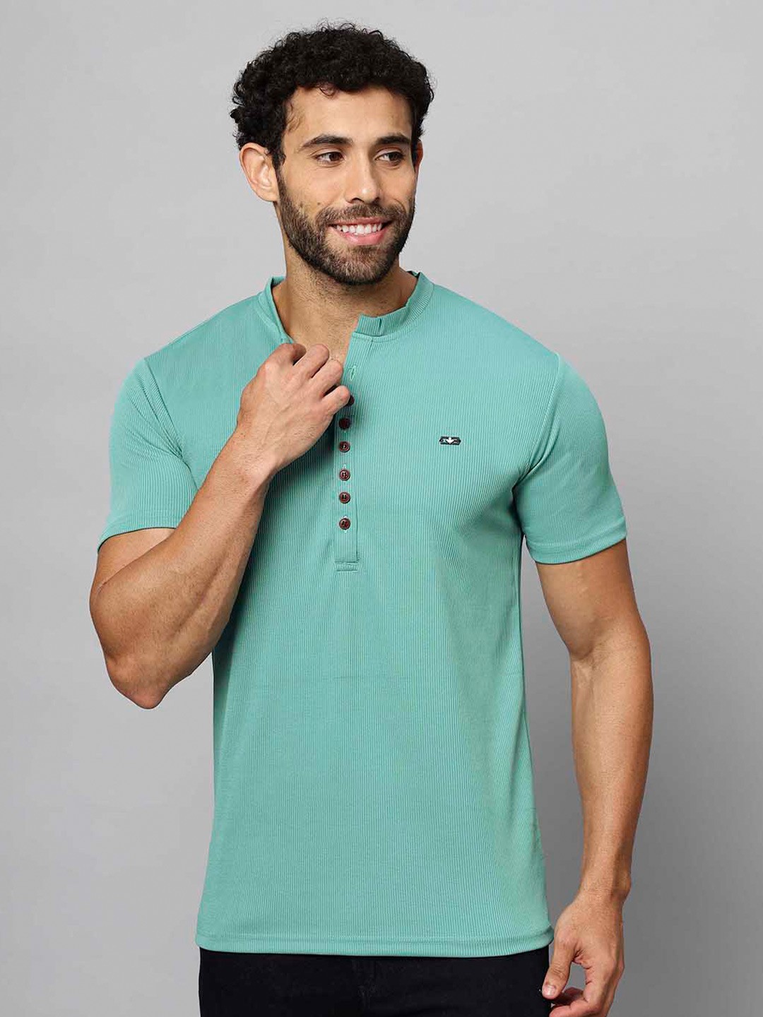 

N AND J Henley Neck Cotton T-shirt, Teal