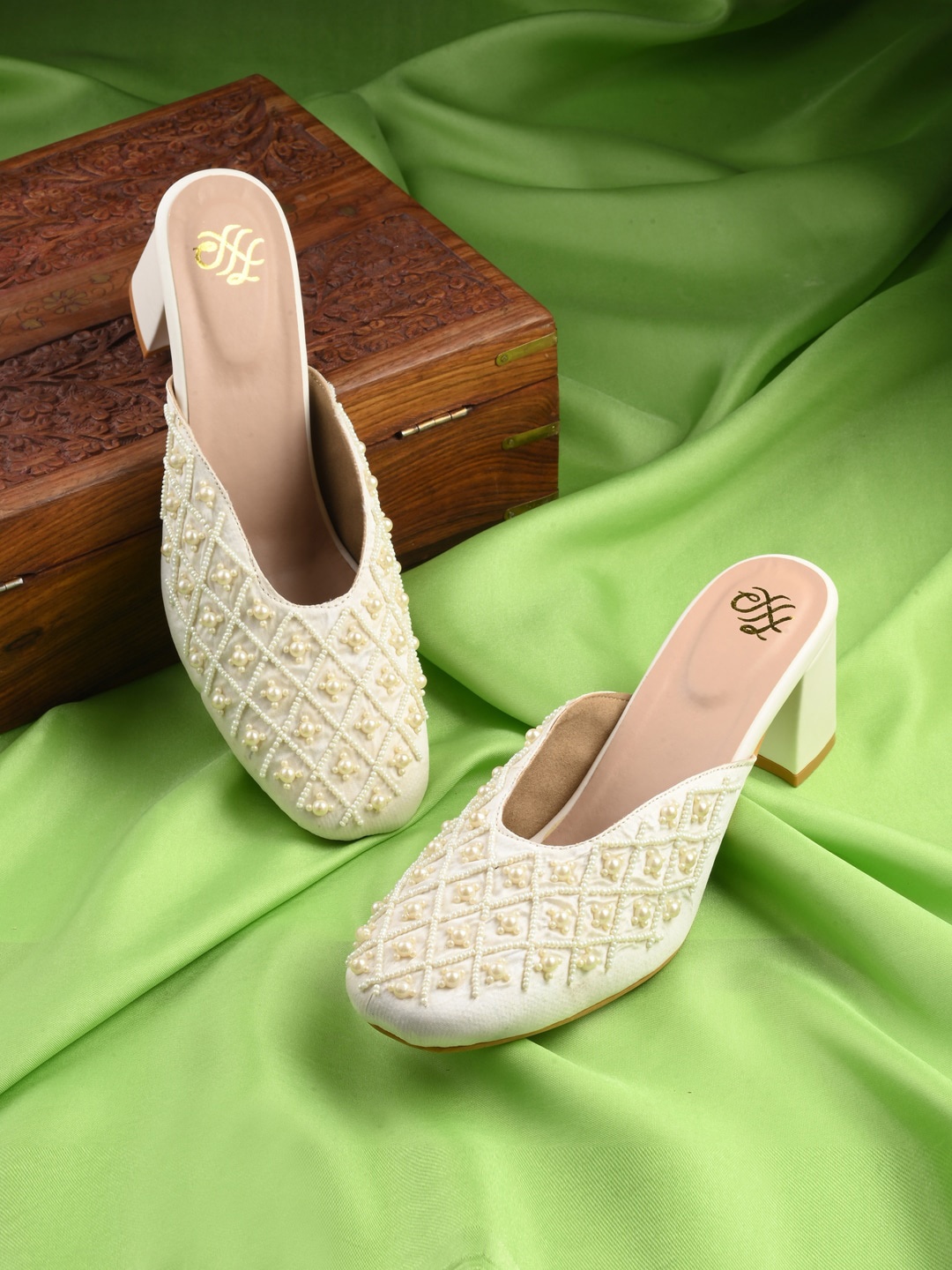 

House of Pataudi Embellished Block Heeled Mules, Off white