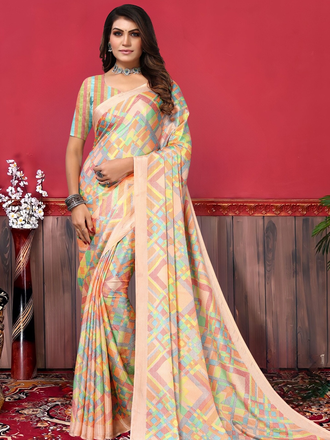 

MAGMINA Geometric Printed Saree, Yellow