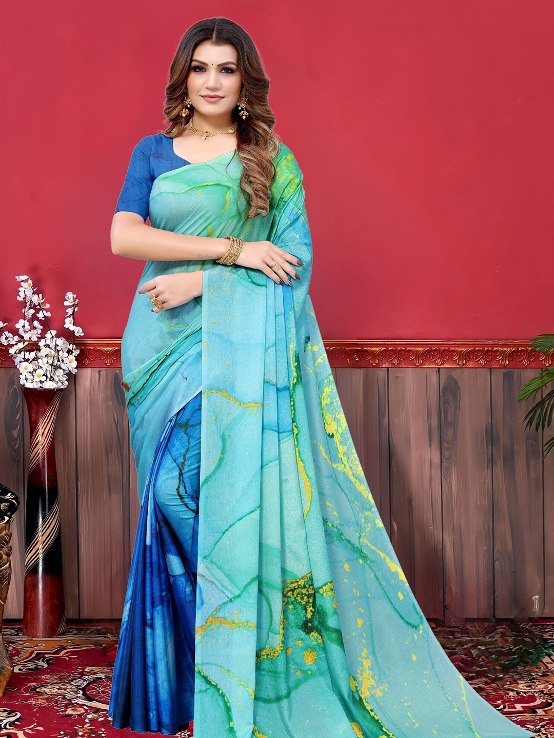 

MAGMINA Abstract Printed Saree, Blue