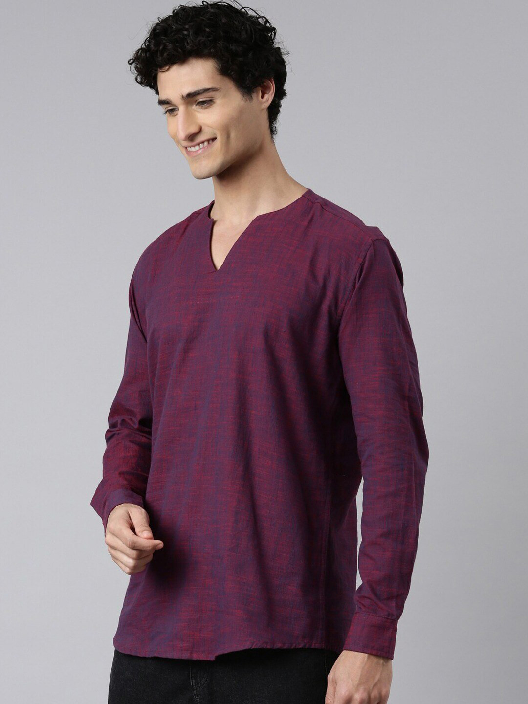 

Kryptic Notched Neck Long Sleeves Pure Cotton Short Kurta, Purple