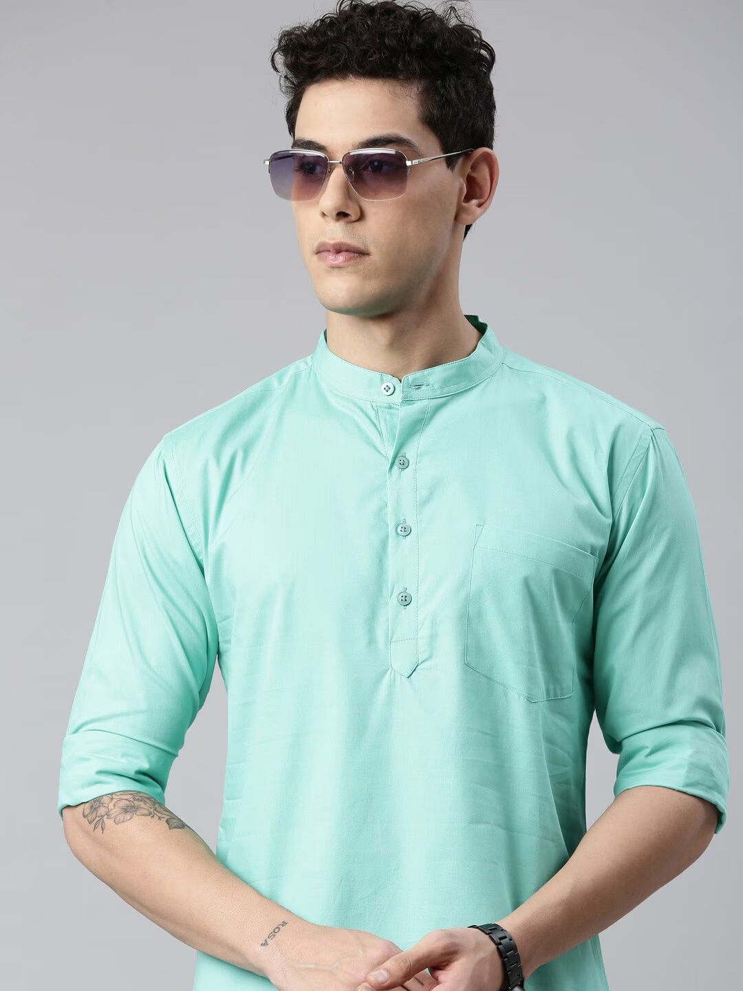 

Kryptic Band Collar Cotton Short Kurta, Sea green