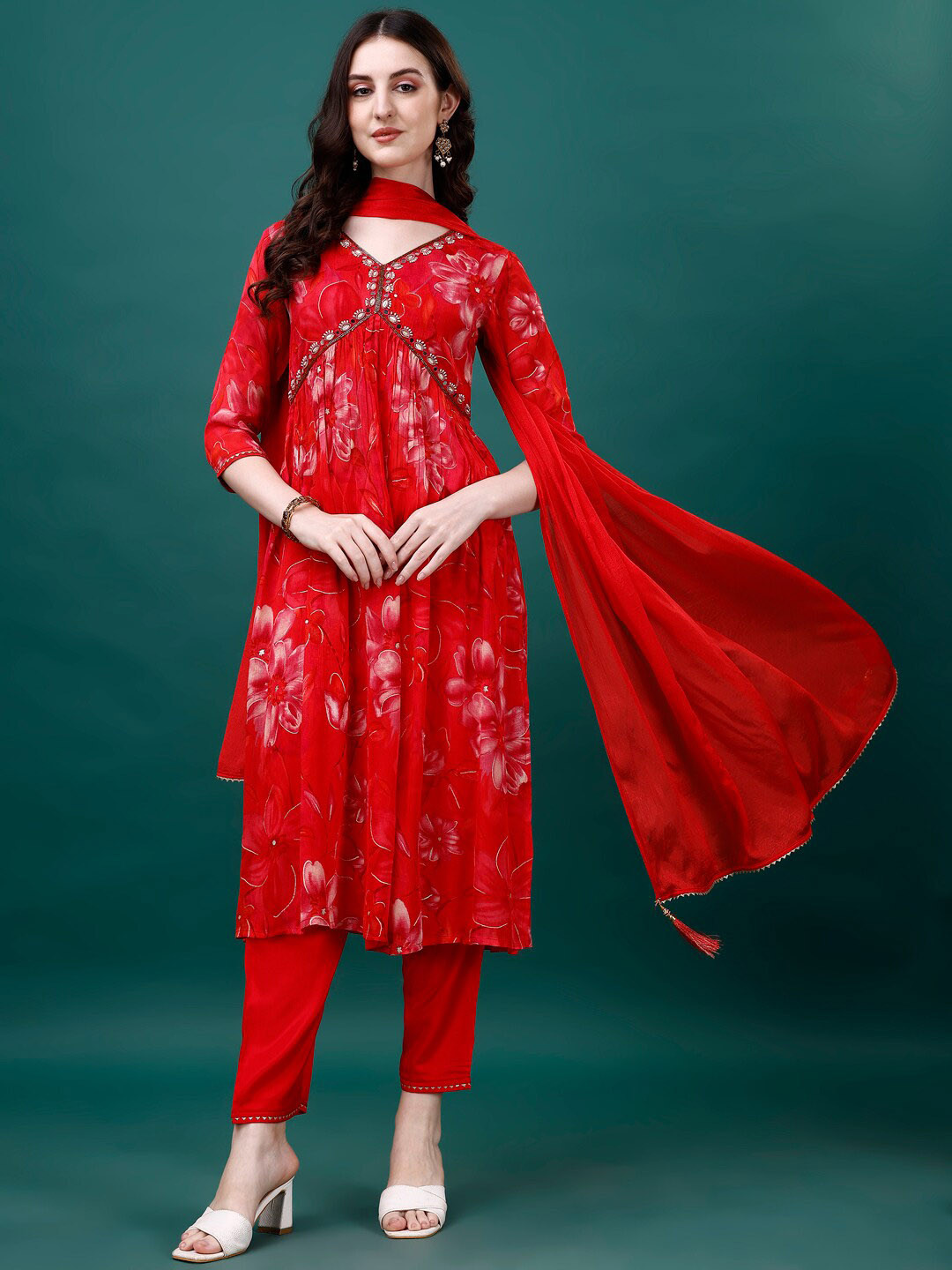 

Berrylicious Floral Printed Embroidered Pleated Pure Silk Kurta With Trousers & Dupatta, Red