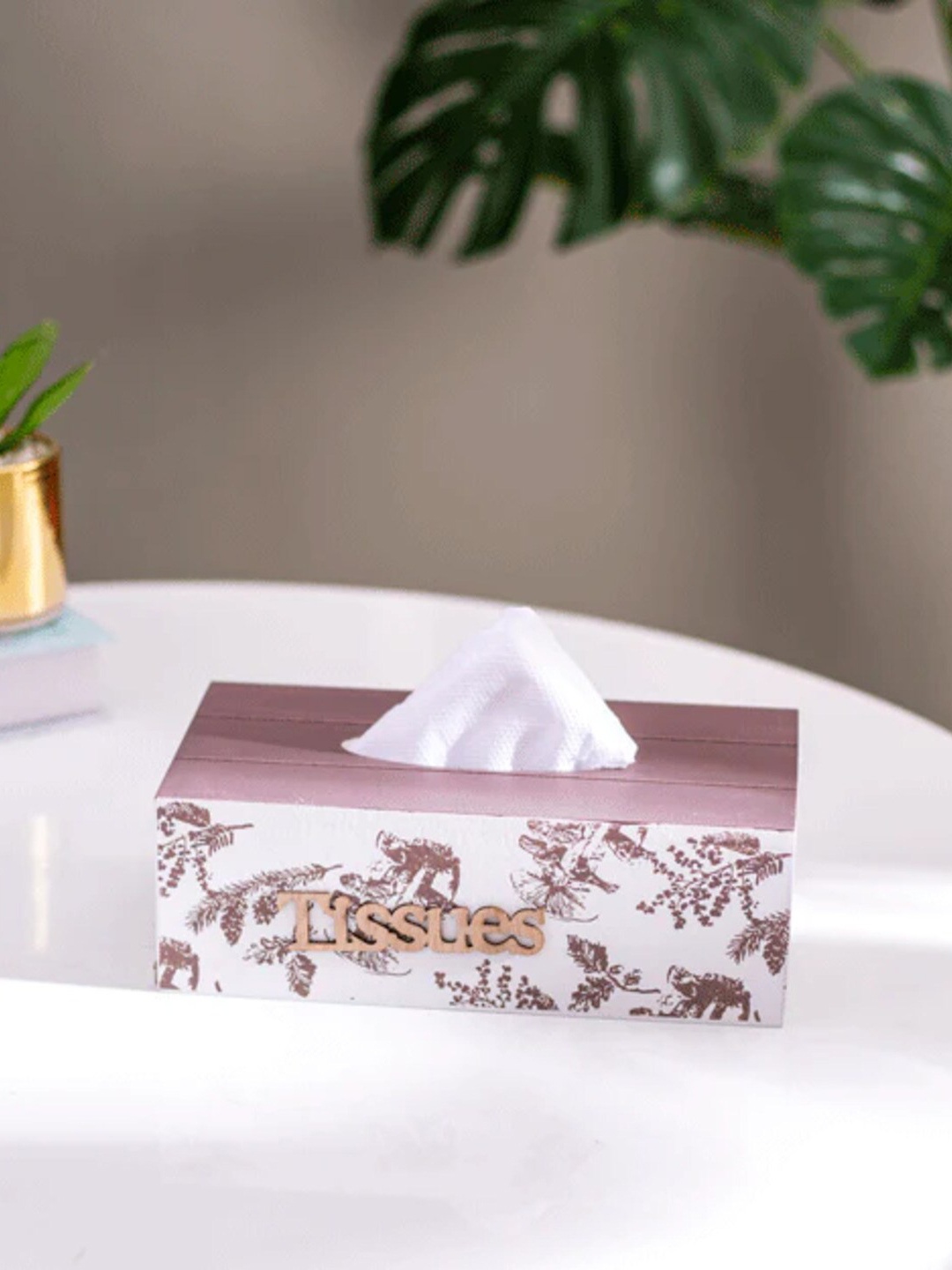 

THEDECORKART White & Mauve Printed Wooden Tissue Holder