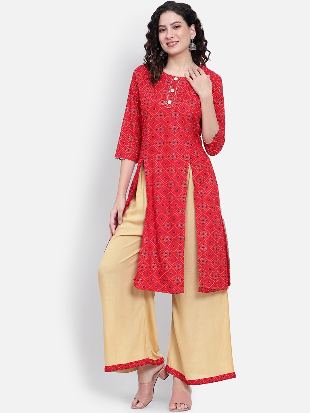 

Rosecloud Women Bandhani Printed Regular Kurta with Palazzos, Red